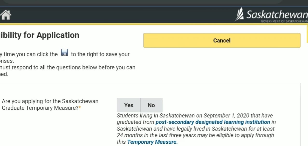 Saskatchewan graduate temporary measure